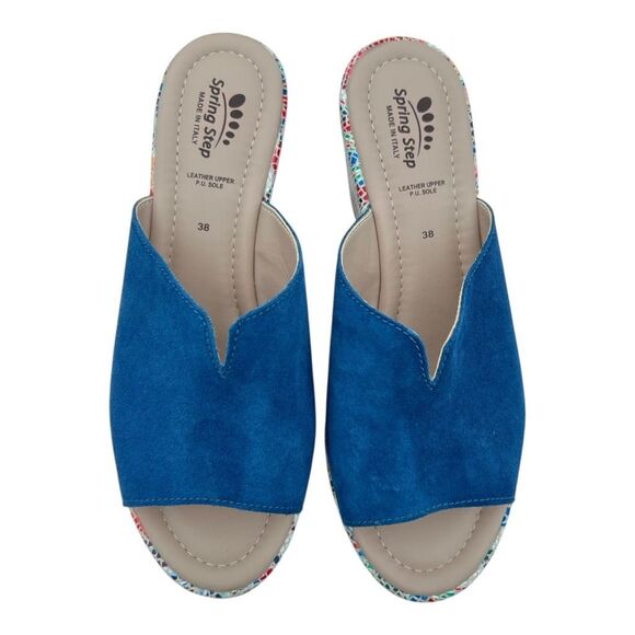 Spring Step Women's Laylani Suede Leather Floral Wedge Slide Sandals Blue Sz 38 - Picture 3 of 11